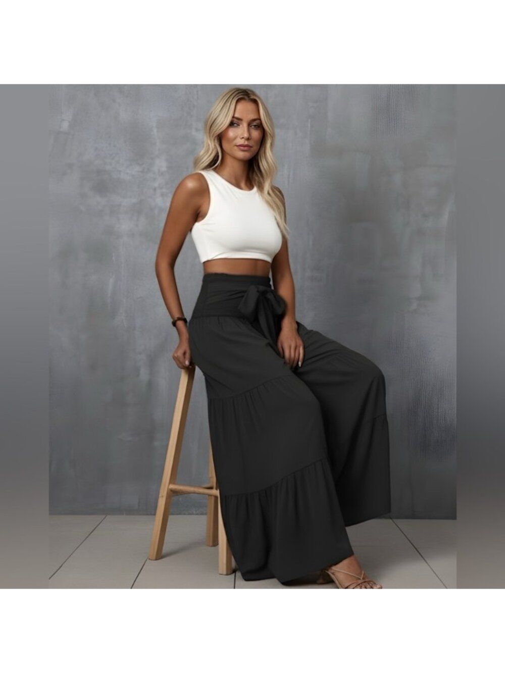 LAST ONE 🔥 Shirred Waist Tie Front Ruffle Hem Wide Leg Pants - Picture 3 of 7